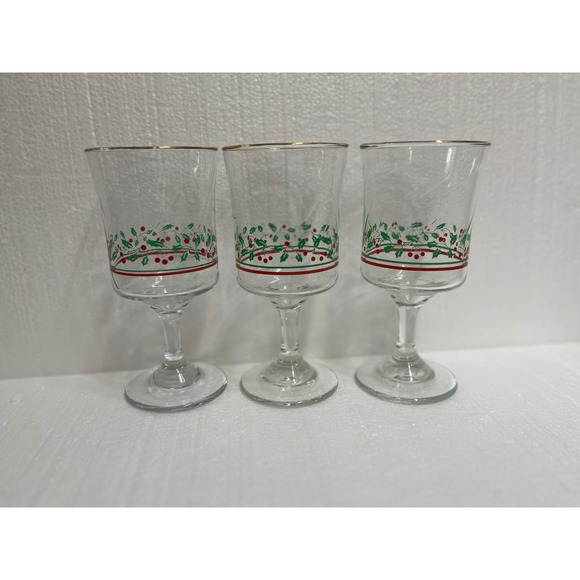 Other - Set of 3 Vintage Holly Berry Wine Glasses Gold Rimmed Christmas Holiday